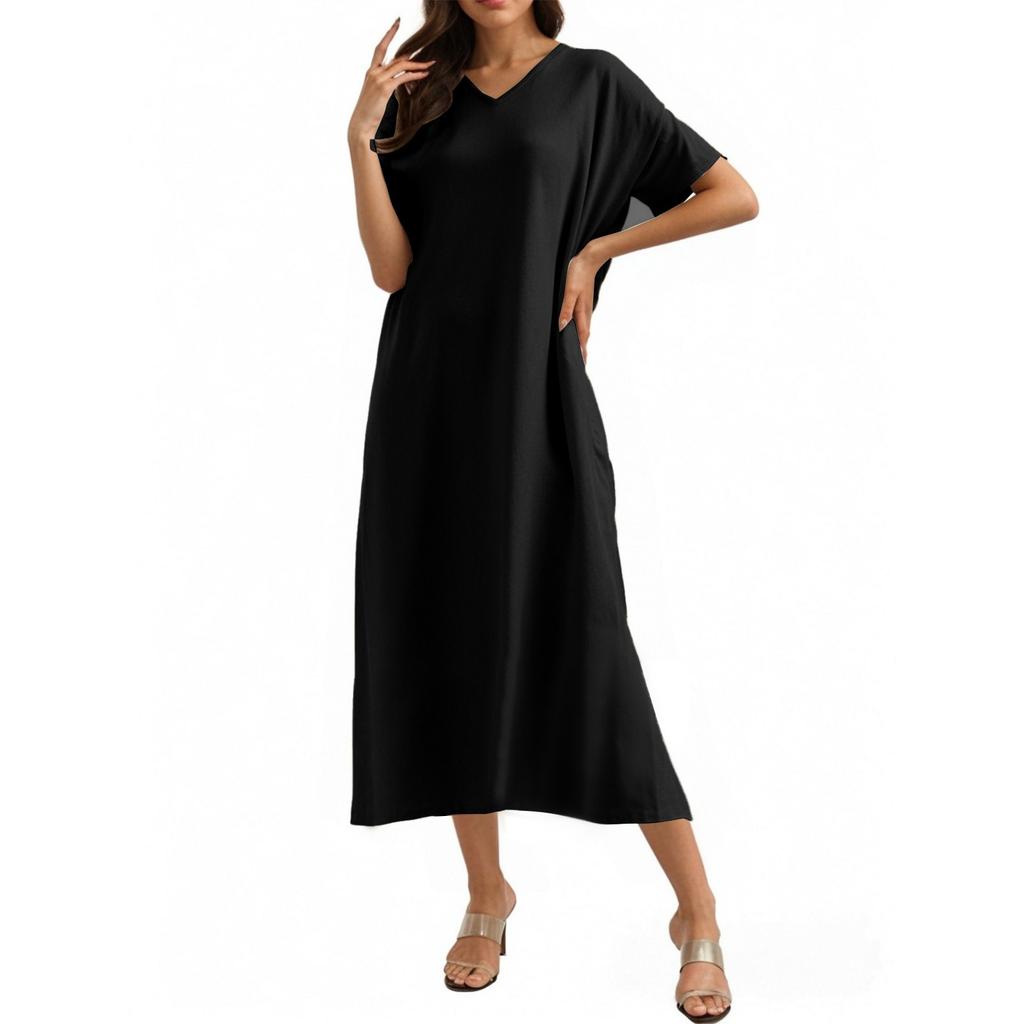 Модное женское однотонное платье с V-образным вырезом, длинное, свободное