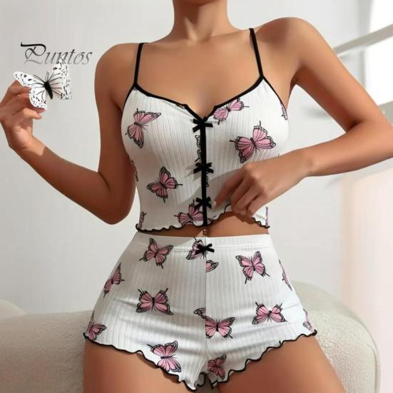 2 Pcs/Set Women Summer Pajamas Suit Butterfly Heart Printing Sleeveless Backless Cop Top High Waist Mini Shorts Daily Nightie Slim Fit Sleepwear