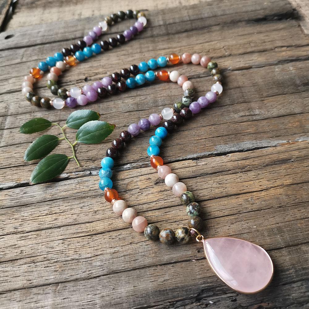 8mm Garnet,Apatite Stone Beads,Rose Quartz Pendant,Charm Bracelet,Rainbow Chakra Mala Bead Necklace,108 Mala Beads,Yoga Gift