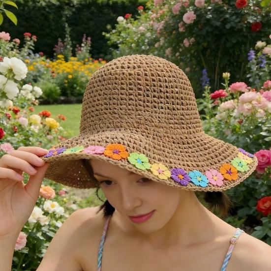 Beach Hat Hollow Design Large Eaves UV Blocking Colorful Flower Decoration Sun Protection
