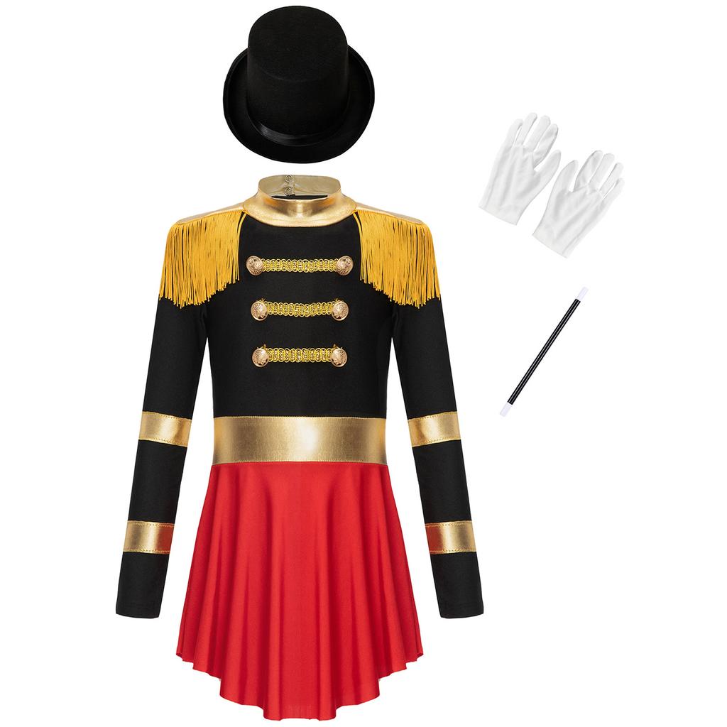 Girls Magician Jumpsuit Costume Long Sleeve Keyhole Back Fringe Epaulet Design Top Hat Gloves Wand Set