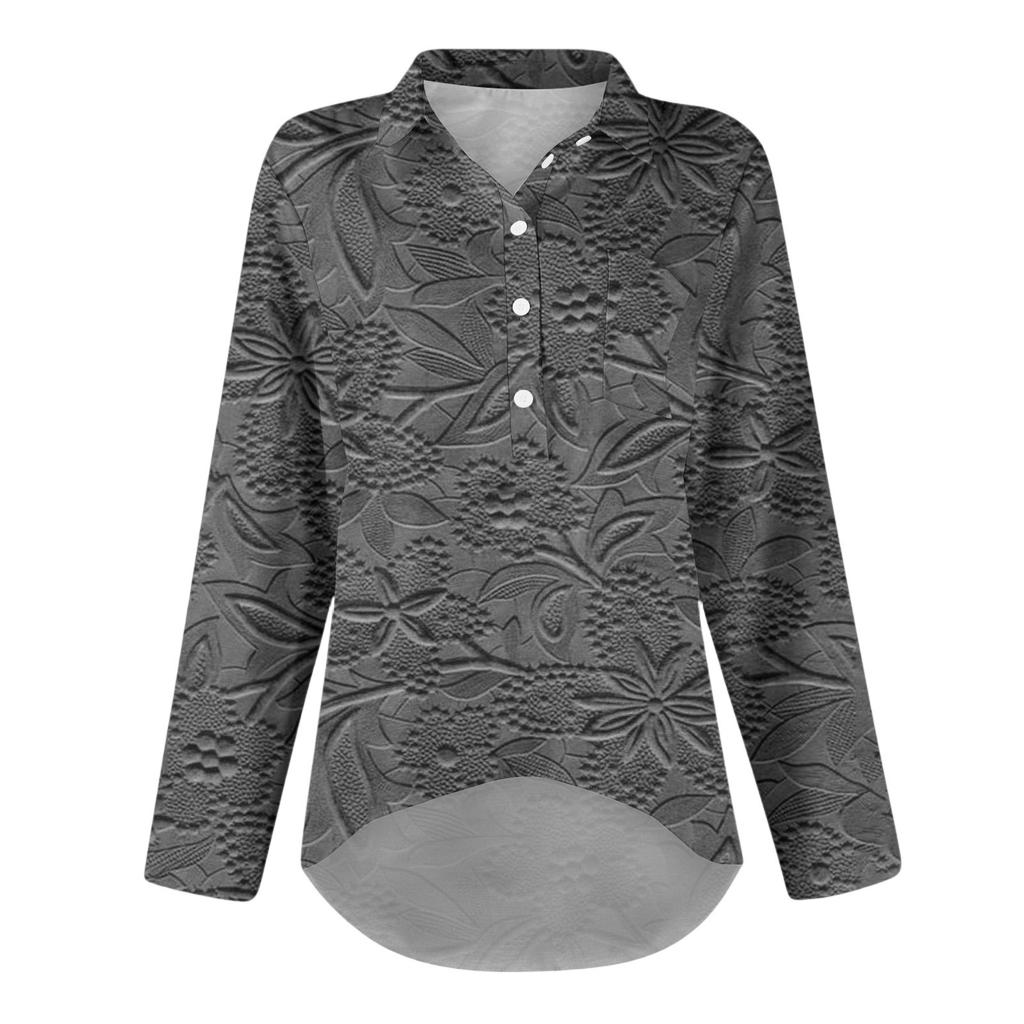 Women's Long Sleeve Shirt Button Vintage Floral Print Casual Hem Irregular Shirt Collar Top
