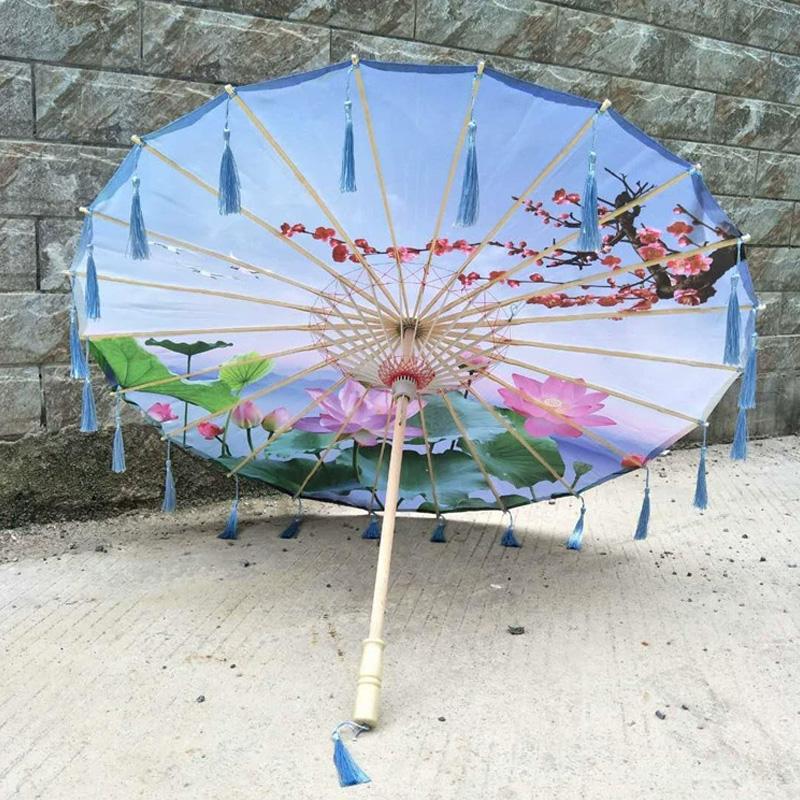 1PC with Tassel Classical Women's Umbrella for Hanfu Accessories Satin Cloth Photograph Props Fairy Ancient Parasol