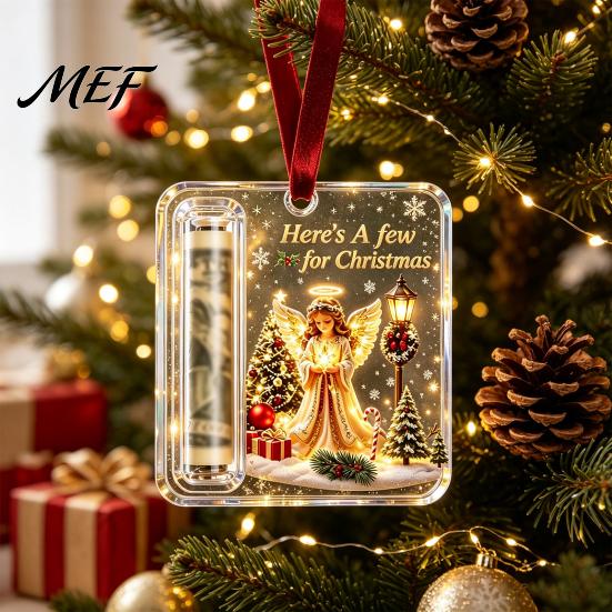 Christmas Tree Money Holder Decor Cash Gift Ornament, Acrylic Angel Santa Cat for Xmas Tree, Holiday Party Hanging Decoration with Lanyard Transparent