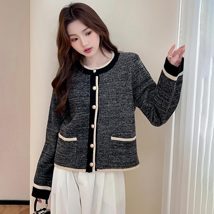 Spring Women's Round Neck Contrasting Color Border Design Cardigan Jacket