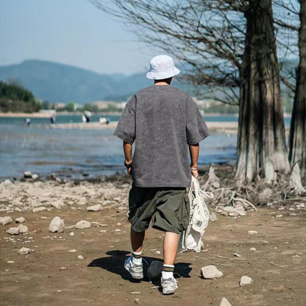Мужская футболка с коротким рукавом 230G в винтажном стиле, универсальная однотонная, свободного кроя, с круглым вырезом, модный топ Инс