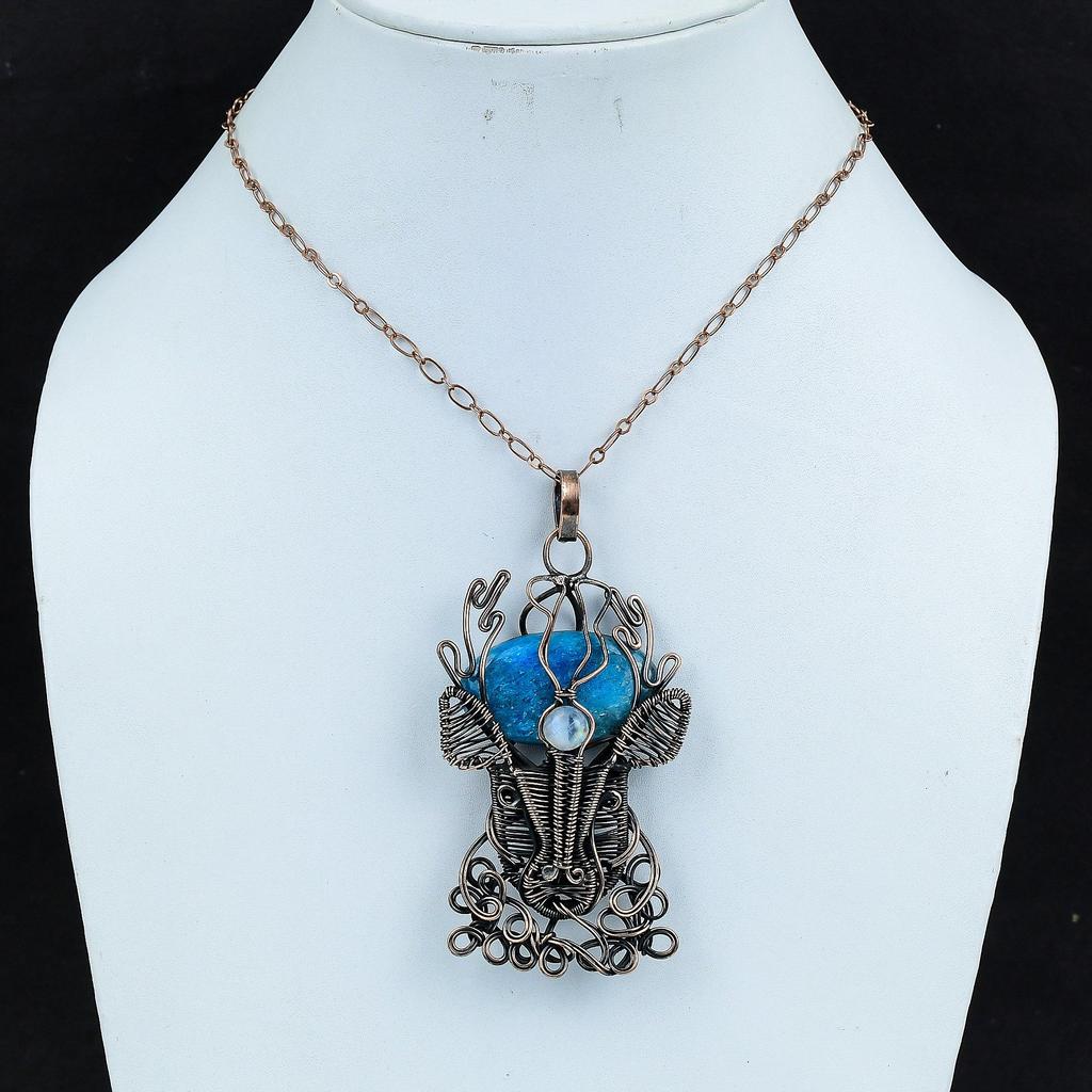 Neon Apatite Pendant Copper Wire Wrapped Pendant Rainbow Moonstone Pendant Handmade Deer Face Pendant Copper Gemstone Jewelry Gifts For Him