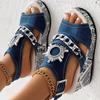 Large Slope Heel Denim Round Toe Fish Mouth Sandals New Fashionable and Comfortable, Versatile Rhinestone High Heels