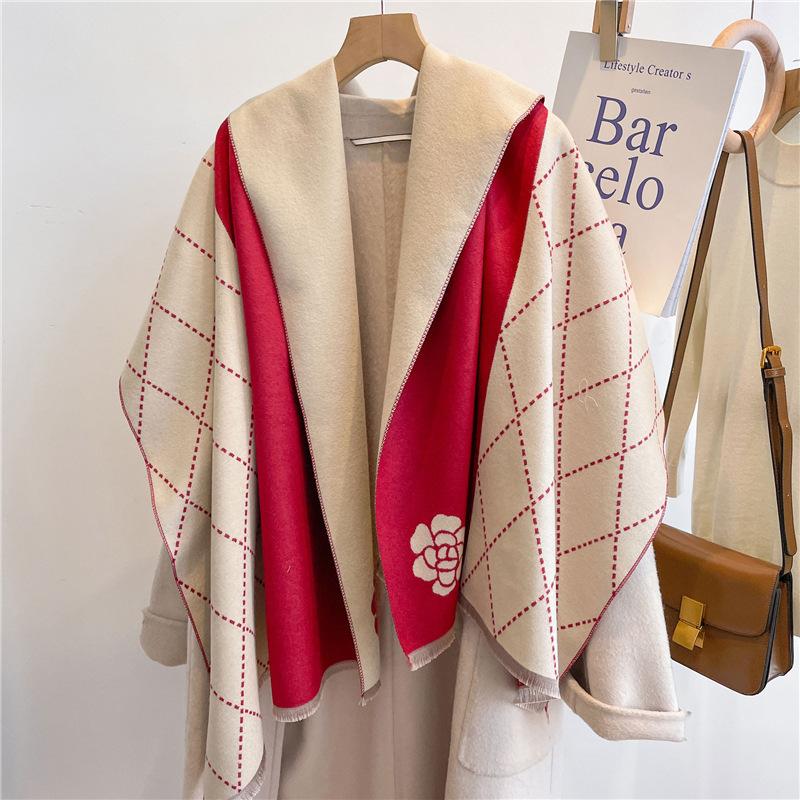 New Versatile Imitation Cashmere Scarf Women's Winter Plaid Flower Long Shawl Student Scarf Thickened Scarf