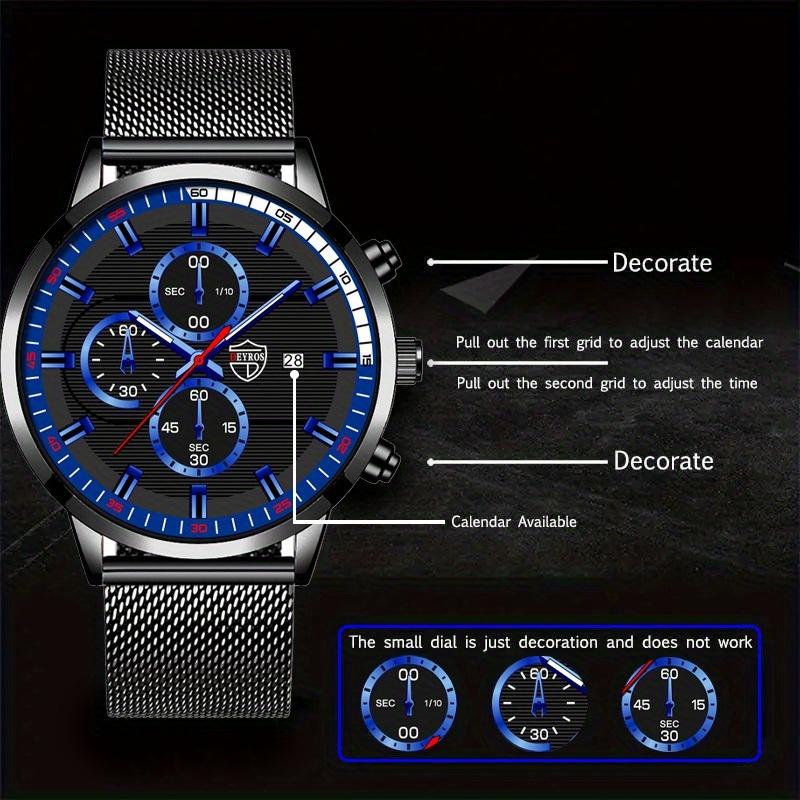 3pcs/set 1pc Fashion Men's Calendar Business Quartz Watch with Stainless Steel Mesh Band & 1pc Bracelet & 1pc Necklace