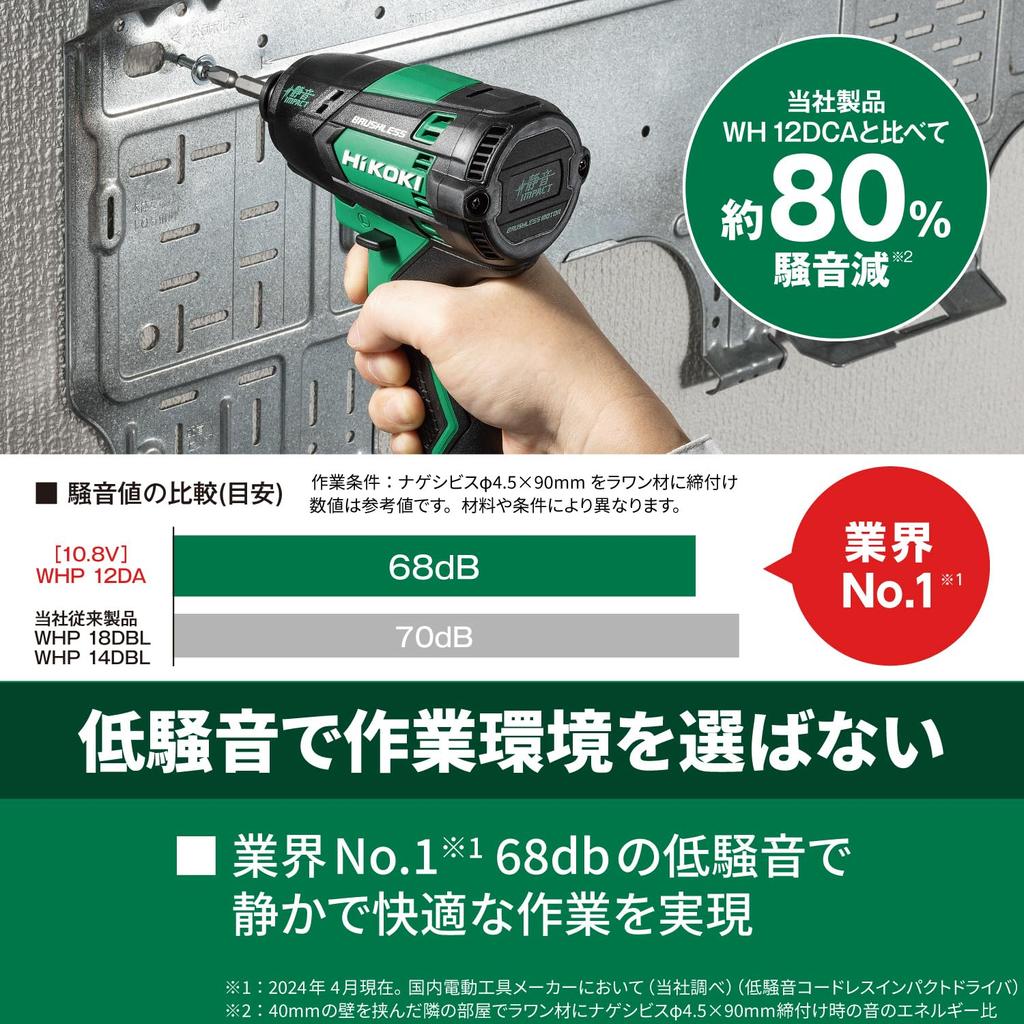 Бесшумный аккумуляторный ударный гайковерт HiKOKI с 2 батареями 10,8 В и кейсом, зарядным устройством, WHP12DA(2ЛС)