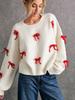 Red Bow Knot Loose Fit Crewneck Pullover Sweater Autumn Top