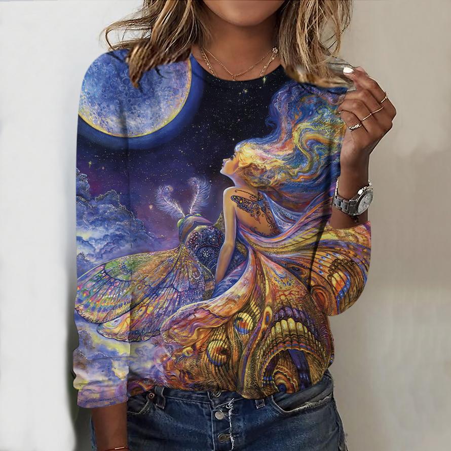 Топы для женщин Bathing Fire Phoenix Print Round Neck Long Sleeve T Shirt Fall Casual Slim Pullover Women's Long Sleeve Top