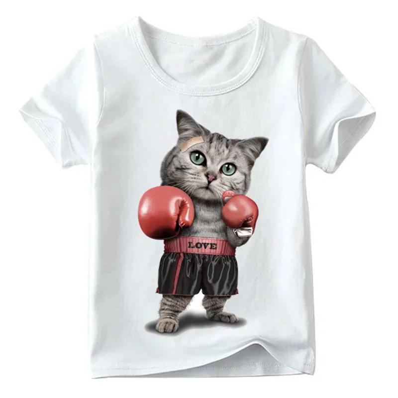Cool Boxing Cat With Pink Gloves Print Kids Short Sleeve T Shirt Soft Polyester Crew Neck Boys Girls Summer Casual Daily Wear Tee