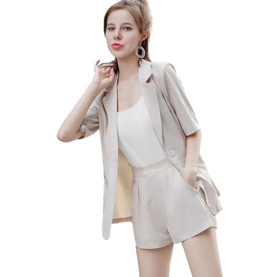 Women 3 Piece Blazer Outfit Short Sleeve Open Front Blazer Sleeveless Tank Top Shorts Set One Button Suit Jacket Business Set