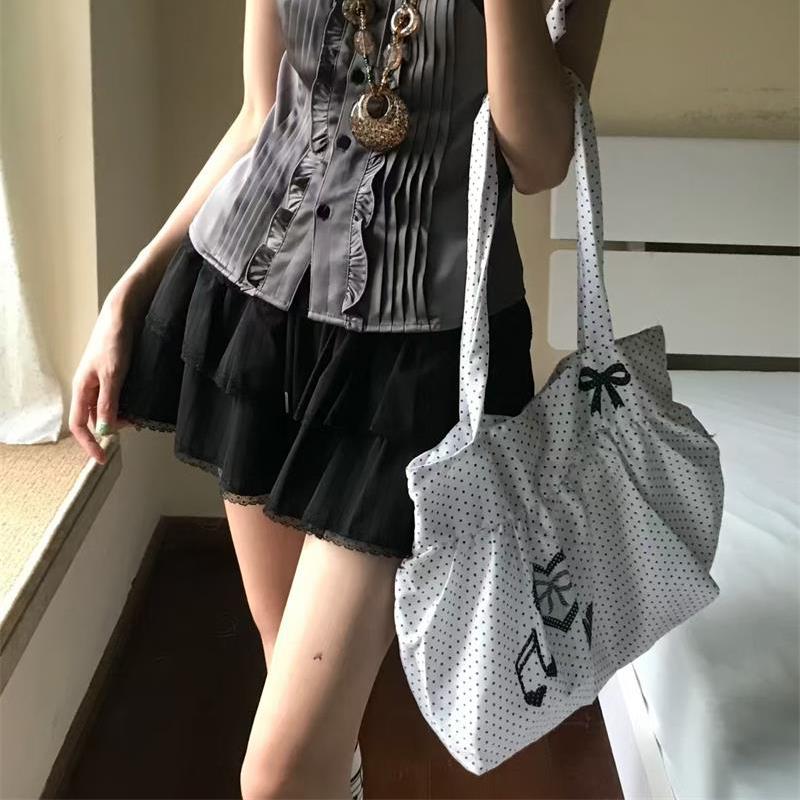 Korean Polka Dot Shoulder Bag Women's Nylon Tote Bag Cute Bow Love Printed Tote Bag Skirt Design Magnetic Buckle Armpit Bag
