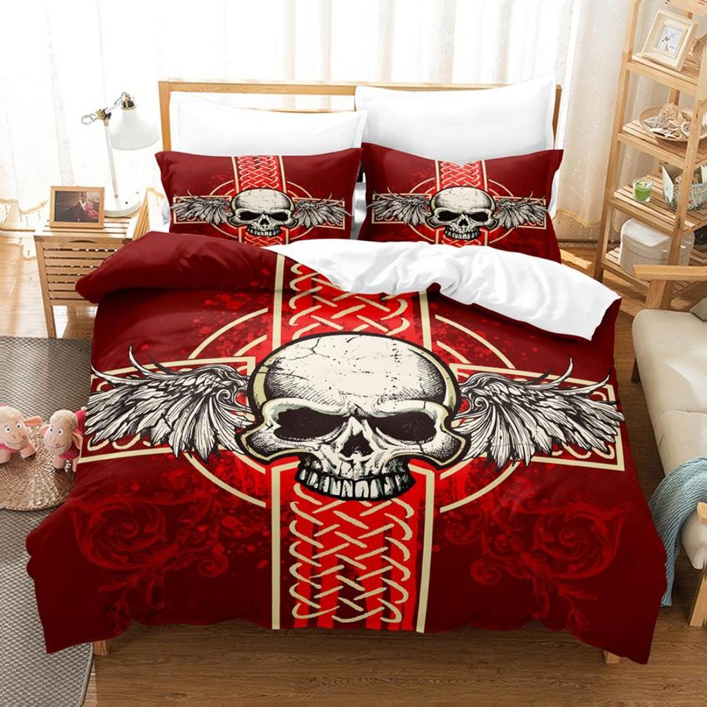 3D Printed Skull Head Bedding Set Halloween Themed Down Duvet Cover Pillowcases, 2/3 Pieces, Boys Room Horror Pattern Quilt Cover
