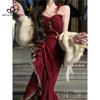 Vintage Stitching Red Lace Lace-up Slim-fit Sling Dress Irregular Ruffled Split Sexy Hip Fishtail Dress