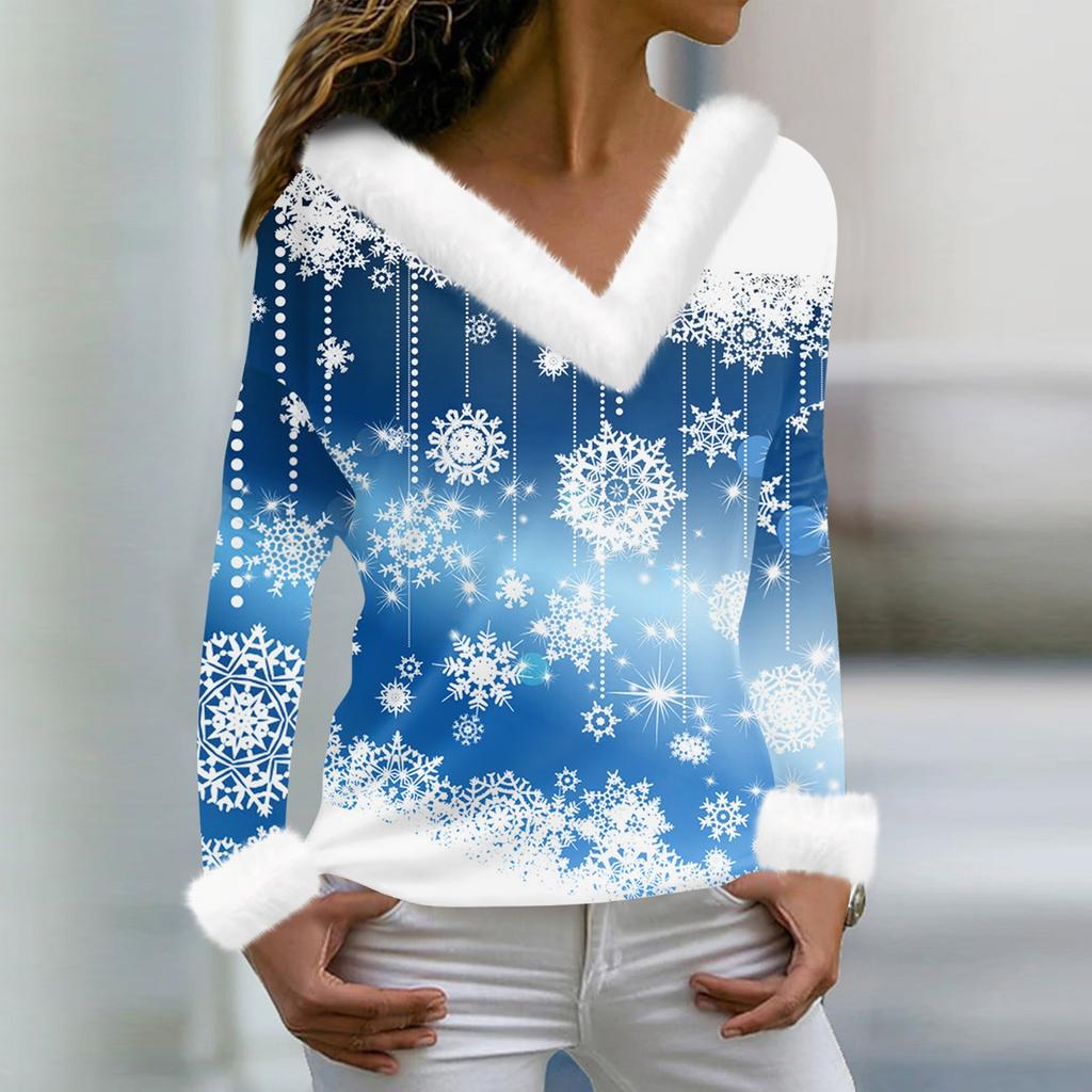 Women's Fashion Casual Long Sleeve V-Neck Christmas Printed Plush Top