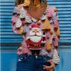 Christmas Women T-shirts  New Autumn Winter Christmas Printed V-neck Long Sleeve Women's T-shirt Fashion Loose Tops