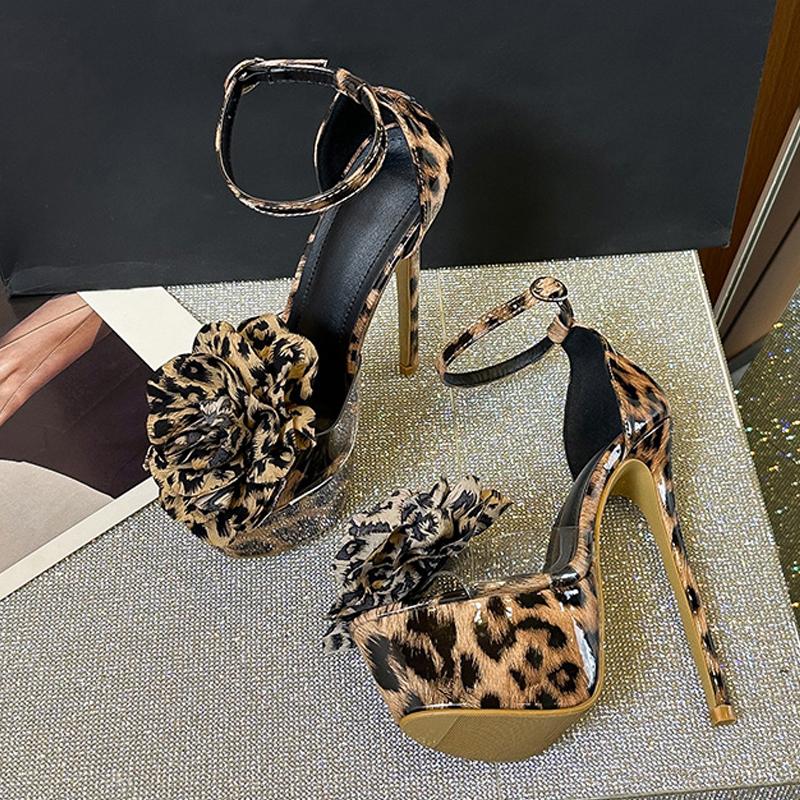 Модные женские сандалии на платформе с леопардовым принтом и большими цветами из ПВХ, сексуальные с открытым носком, на супервысоком каблуке 16 см, обувь для стриптиза и танцев на пилоне