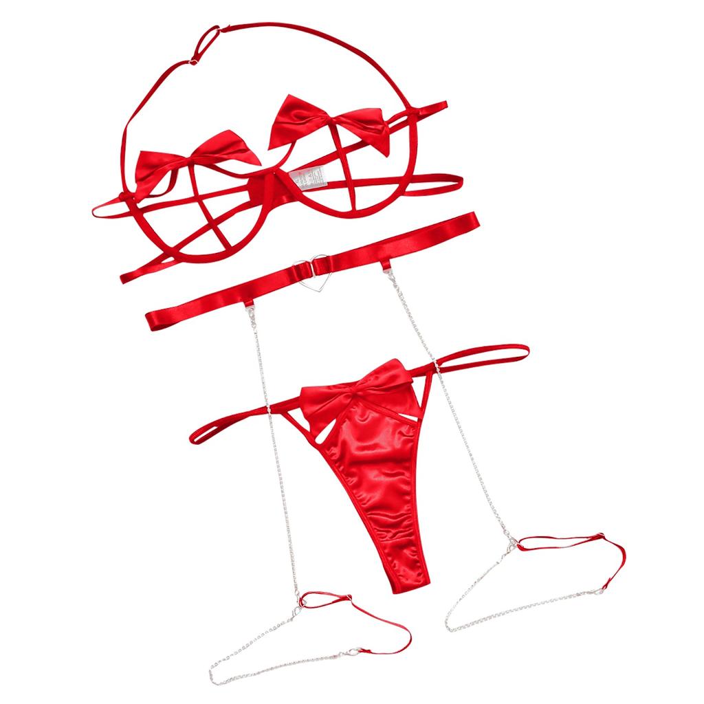 Женское сексуальное женское белье с ремешком и бантом, цепочка с открытой спиной, комплект из трех предметов