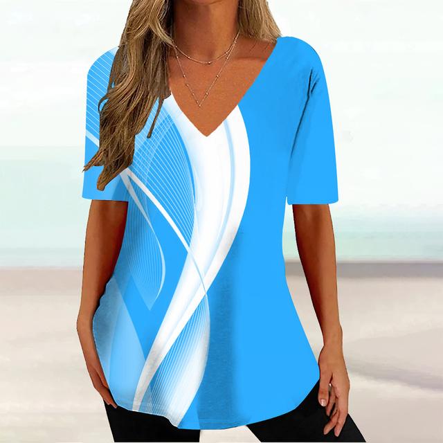 Curved Printed Women's T-Shirt Summer V-Neck Clothes Ladies Casual Short Sleeve Top Loose Fashion Pullover T Shirt for Women