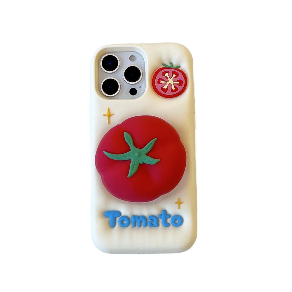 Cute Red Tomato Telescopic Bracket Phone Case for IPhone 16 16Pro 14 15 17 Pro Max 13 Pro Cover Holder Silicone Shockproof Cover