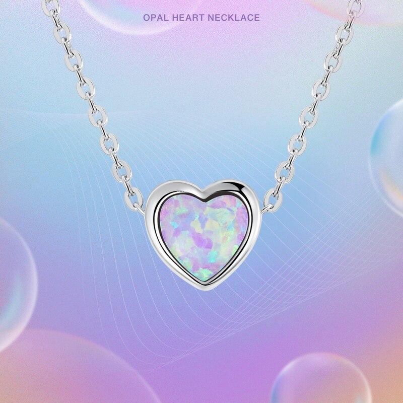 WOSTU Real 925 Sterling Silver Simple Style Shining Opal Heart Pendant Choker Necklace For Women Jewelry Gift