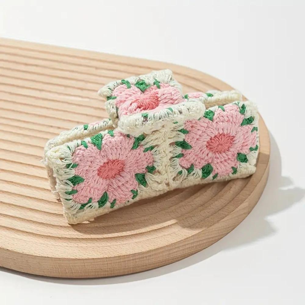 Flower Embroidered Crochet Shark Clip Strawberry Bohemian Style Hair Claw Beach