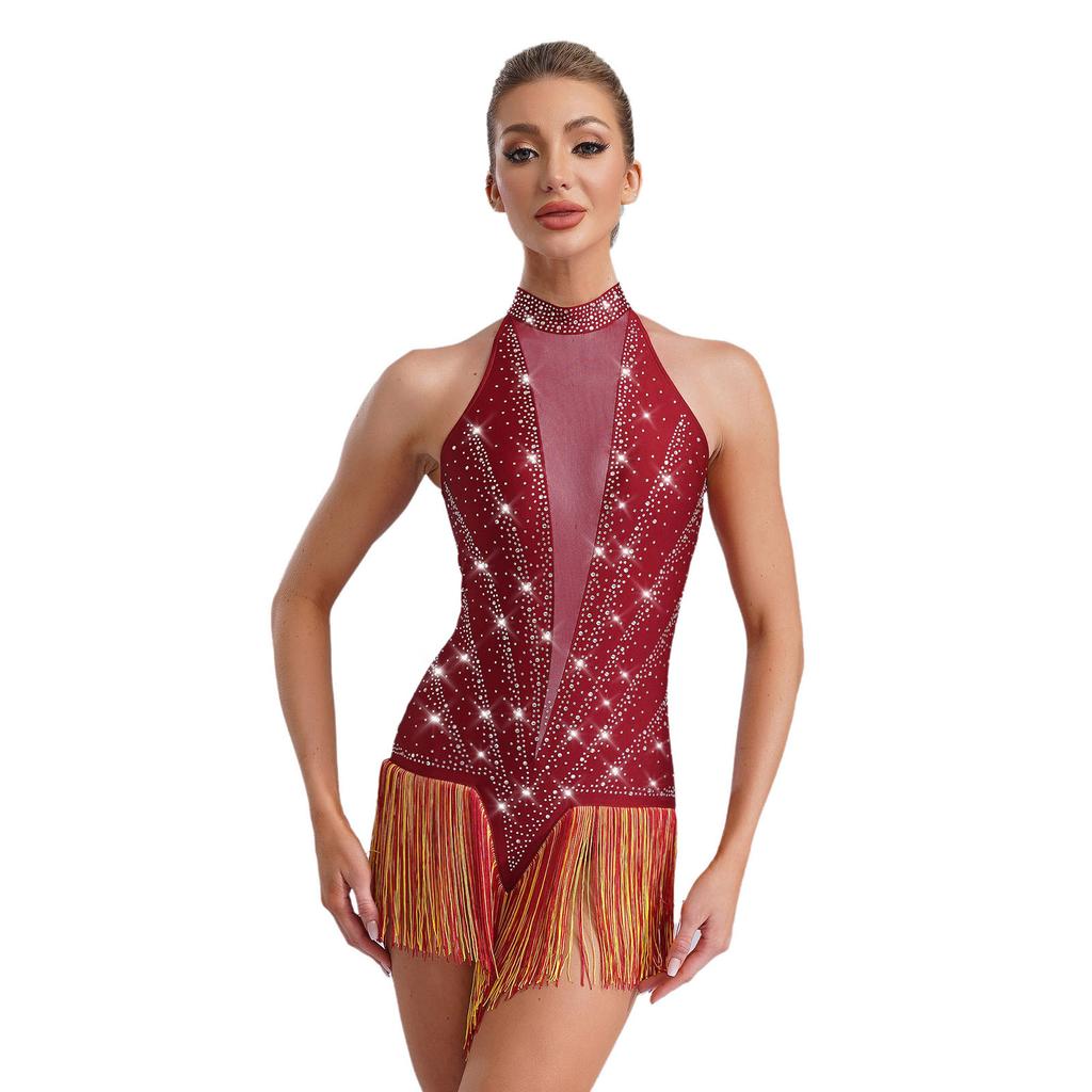 Женский трико для латиноамериканских танцев без рукавов, с прозрачными сетчатыми вставками, расшитый блестящими стразами и бахромой, костюм для танго