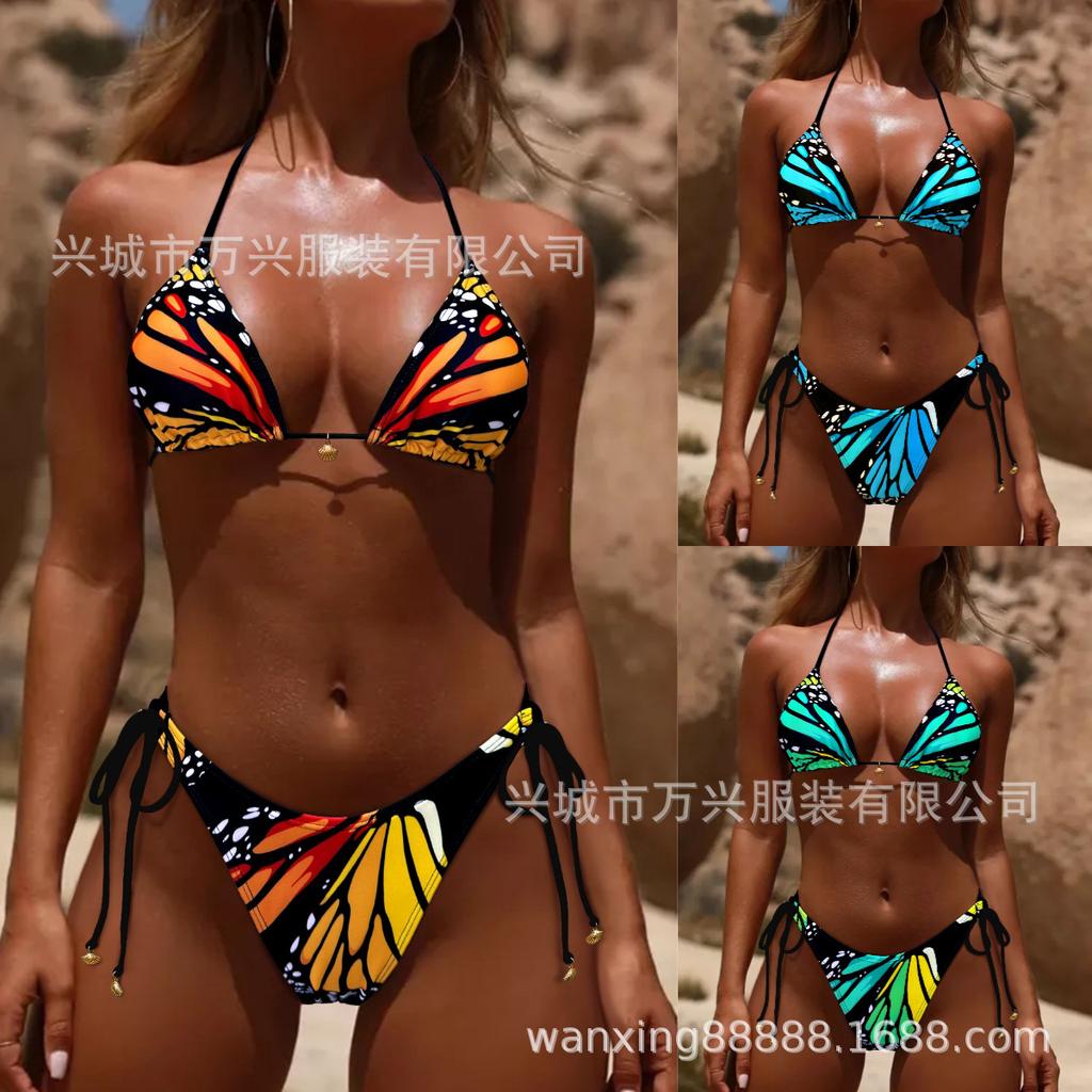 Fashion sexy bikini vacation butterfly print tie bikini three-point new swimsuit women
