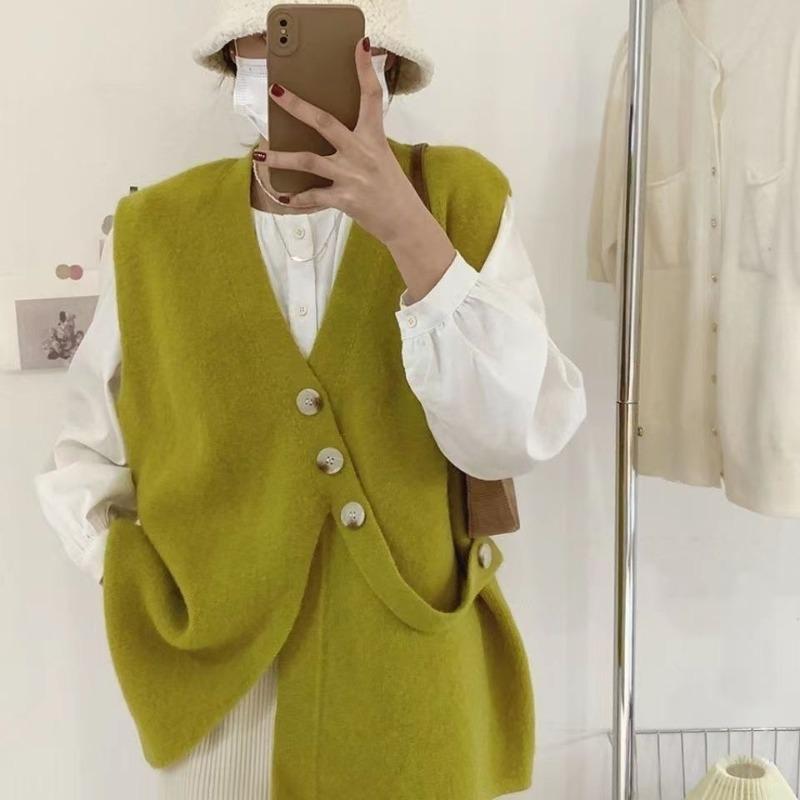 Дизайн косой пуговицы V-образный вырез вязаный жилет кардиган женский корейский вариант свободный ленивый безрукавный свитер жилет верхняя одежда жилет женский