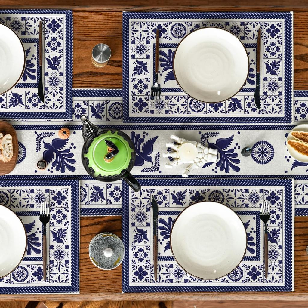 Artoid Mode Talavera Tiles Floral Phoenix Fiesta Mexican Placemats Set of 6, 12x18 Inch Seasonal Fall Holiday Table Mats for Party Kitchen Dining