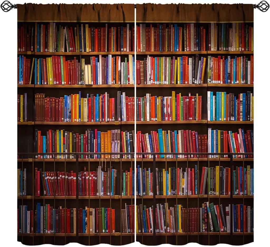 Ретро шторы для книжной полки, винтажный узор с изображением книг из библиотеки, оконные шторы, 2 панели, с карманчиком для штанги, для декора спальни, гостиной