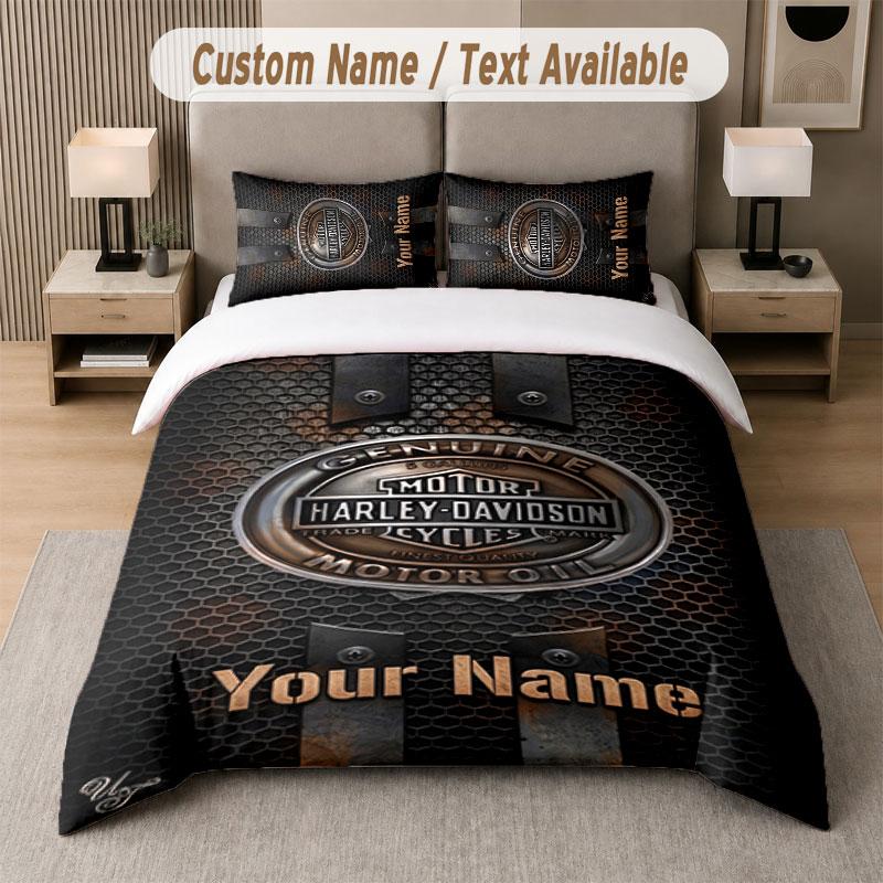 Custom Bedding Set Harley-Davidson Pattern, Print Name Text 1 Duvet Cover plus 2 Pillowcases Home Textile
