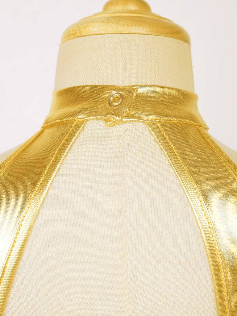 Girls Shiny Dance Set Sleeveless Round Collar Backless Shiny Sequins Tiered Crop Top Elastic Waistband Skirt