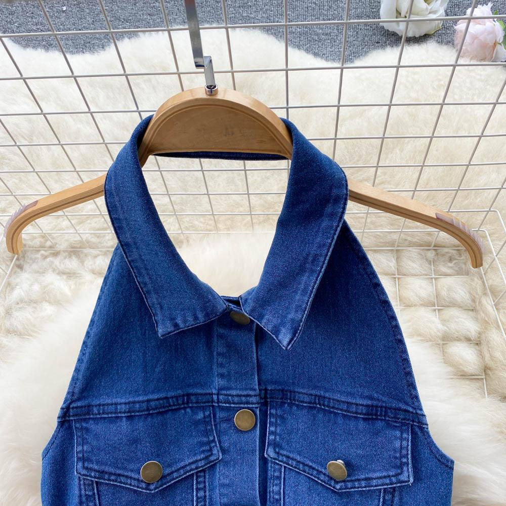 Женское новое модное сексуальное однобортное джинсовое платье с бретелькой на шее, тонкое облегающее платье без рукавов с запахом, облегающее клубное джинсовое платье