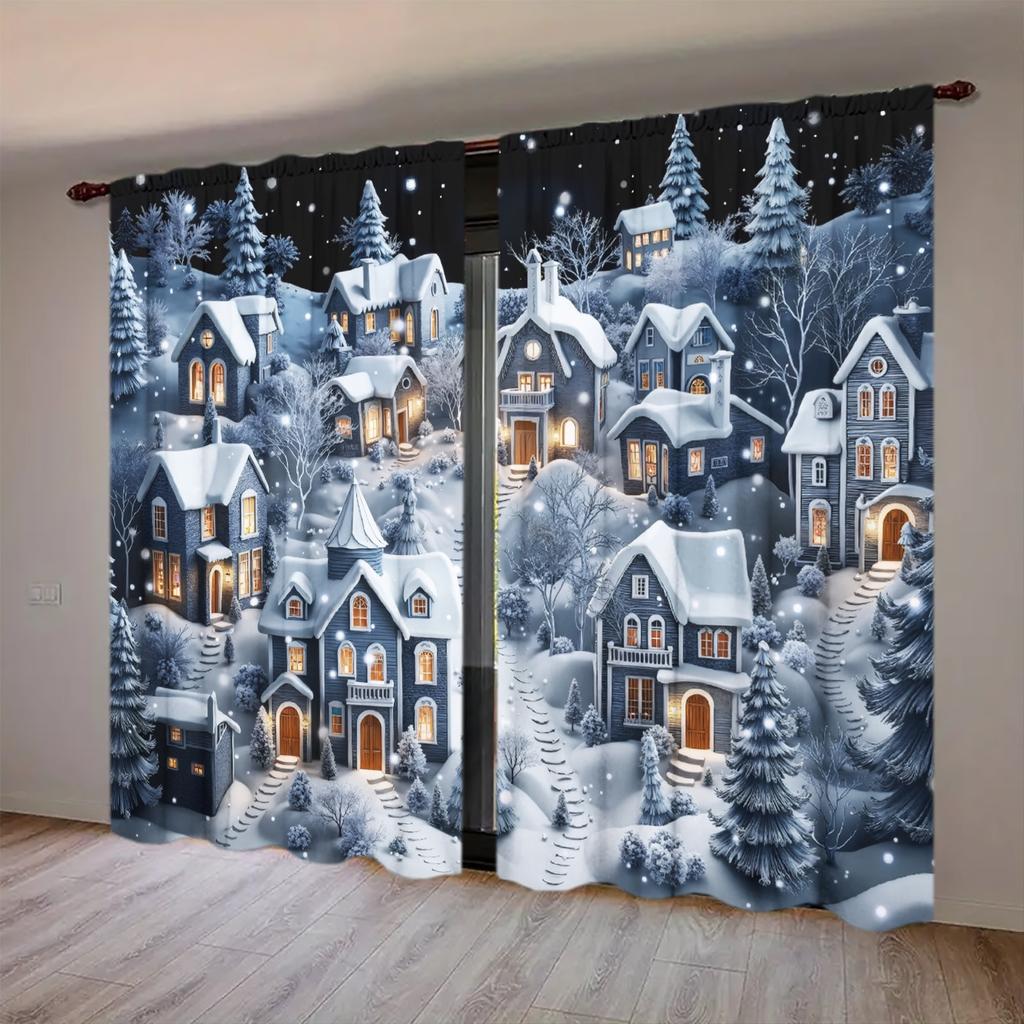 2 шт. Рождественская ночная сцена из ледяной и снежной деревни с принтом штор для домашнего декора - Карманная оконная отделка для спальни