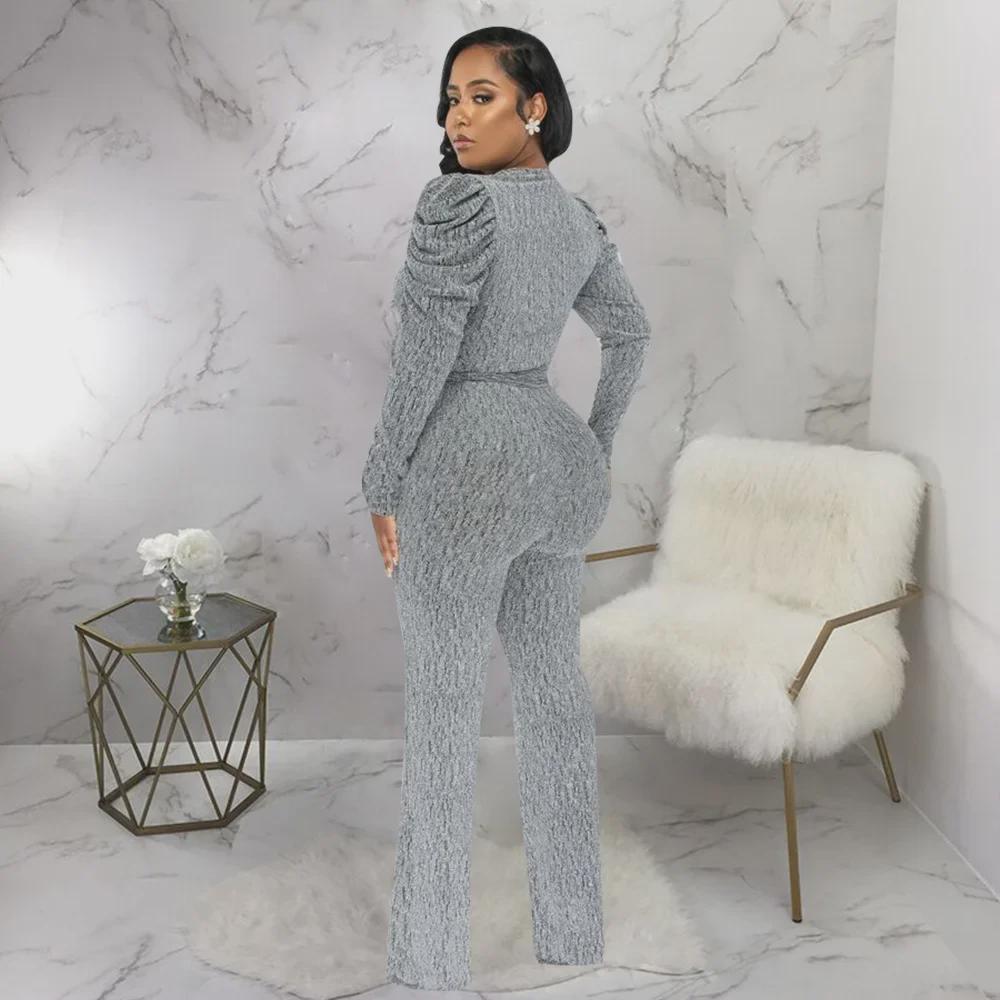 European & American Women's Sexy V-Neck Puff Sleeve Shiny Knit Jumpsuit