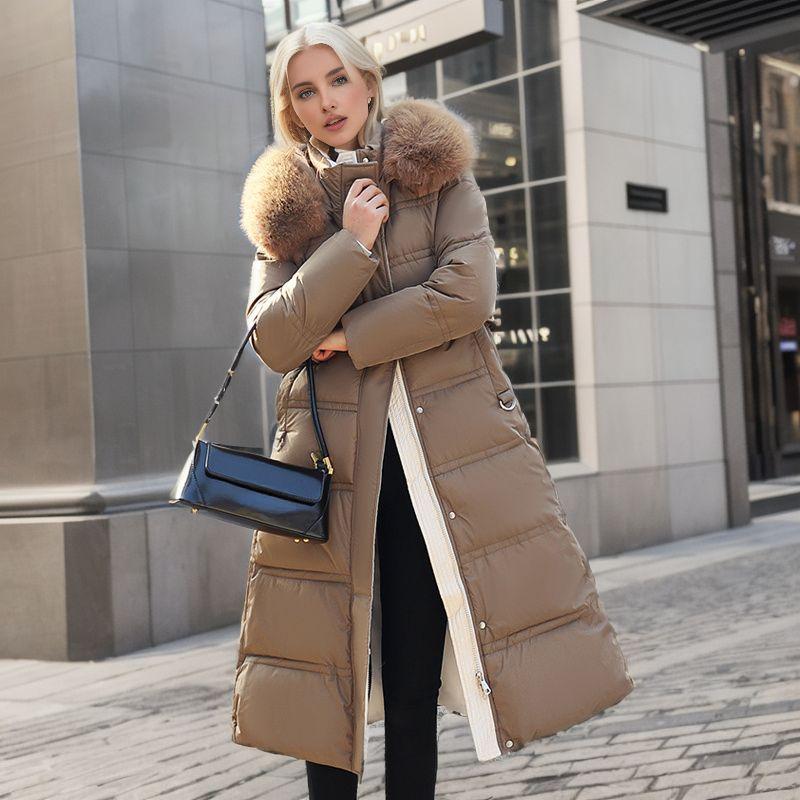 Hooded Down Cotton-Padded Jacket Women Slim Fitting Large Fur Collar Loose Warm Fur Collar Over The Knee Parkas and Thick Coats Female Winter Outwear