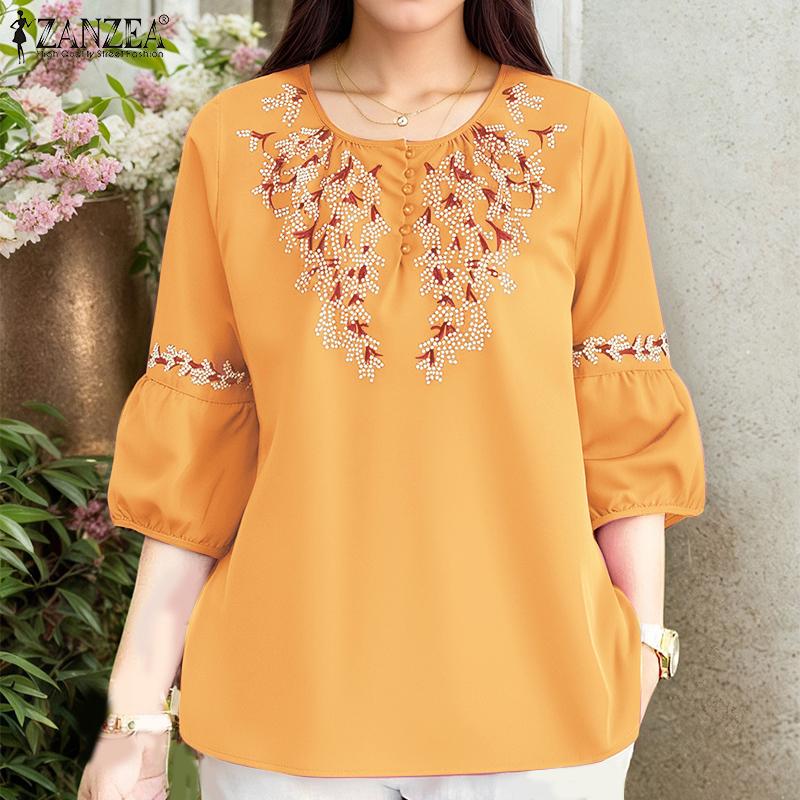 Neck Round Casual Women Zanzea Long Sleeve Loose Print Blouse