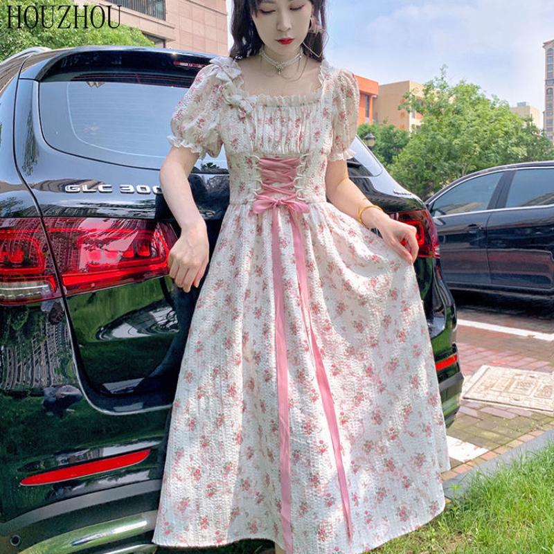 HOUZHOU Платье миди с цветочным принтом для девочек с квадратным воротником и короткими рукавами, корейское милое кавайное элегантное шикарное платье феи