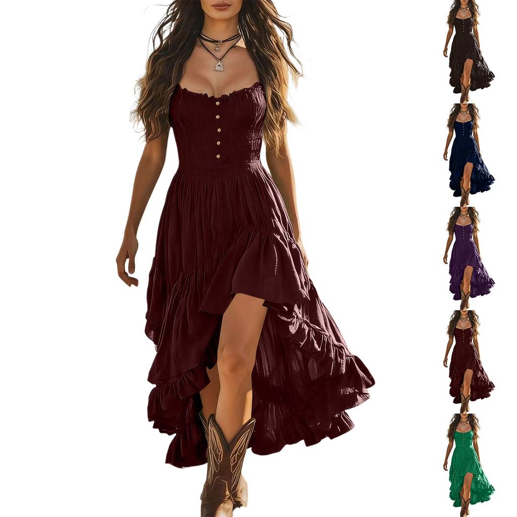 Women's Vintage Elegant Strapless Dress with Smocked Bust , Cinched Waist and Irregular Ruffle Hem