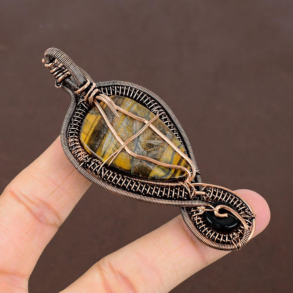Подвеска ручной работы из медной проволоки, натуральный тигровый глаз, черный оникс, 3,54 дюйма F5z90