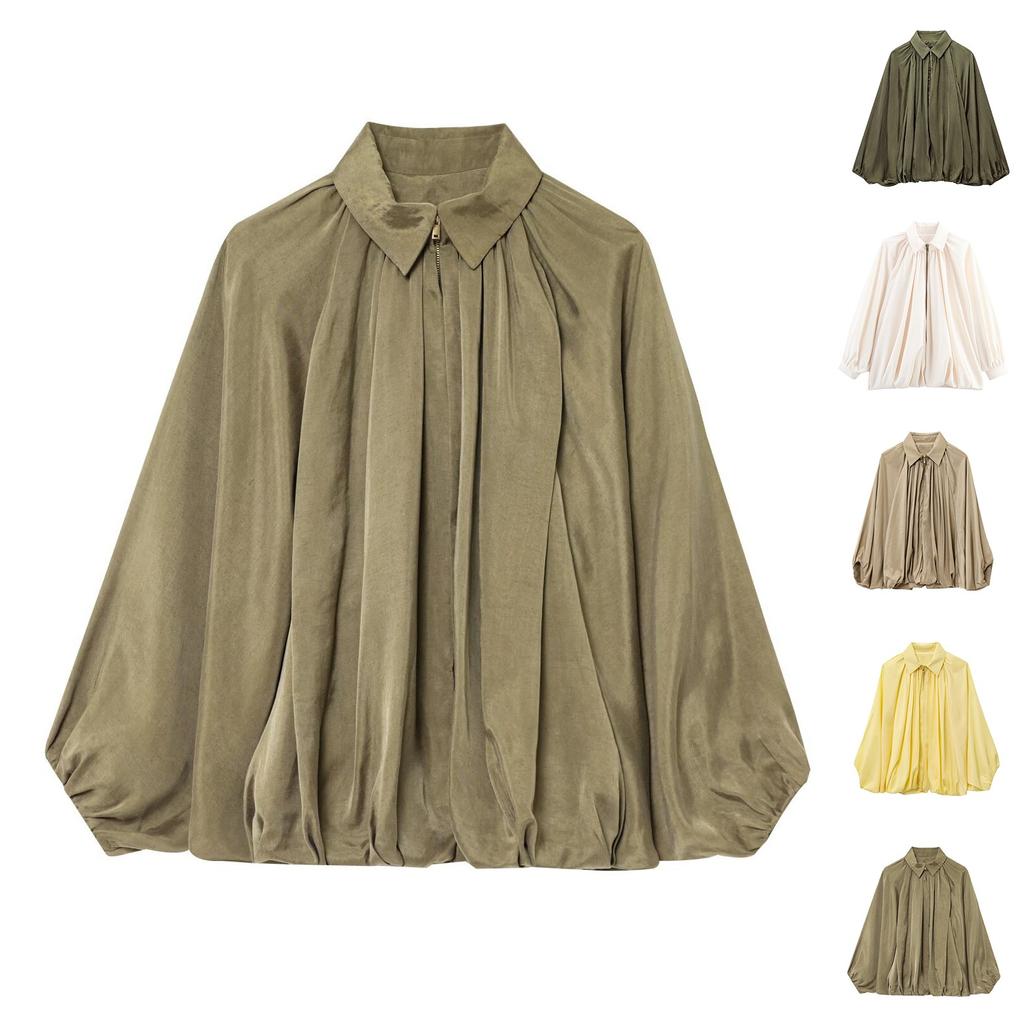 Women's Jacket Oversized Streetwear Casual Sleeve Lapel Collar Zip Front Pleated Shirts