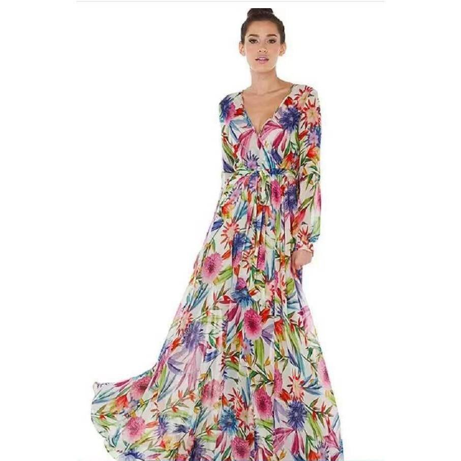Summer new European and American lantern sleeves sexy deep V print, dress green leaf long dress