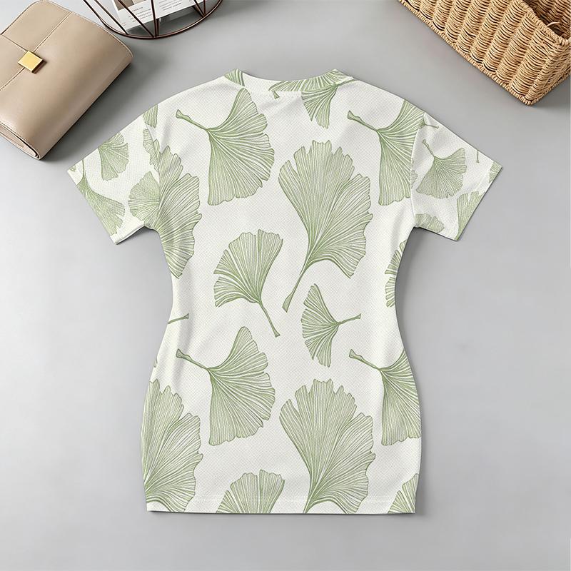 Ginkgo Leaf Print V-Neck Short Sleeve Bodycon Dress - Sweet-Cool Style, Soft Fabric for Beach, Daily Casual & Afternoon Tea Outing