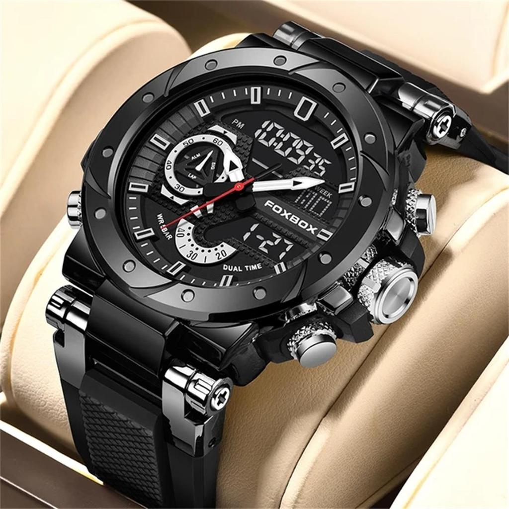 LIGE Sub-brand FOXBOX Fashion Digital Watch Men Dial Dual Display Outdoors Waterproof Sport Luminous Silicone Wristwatch
