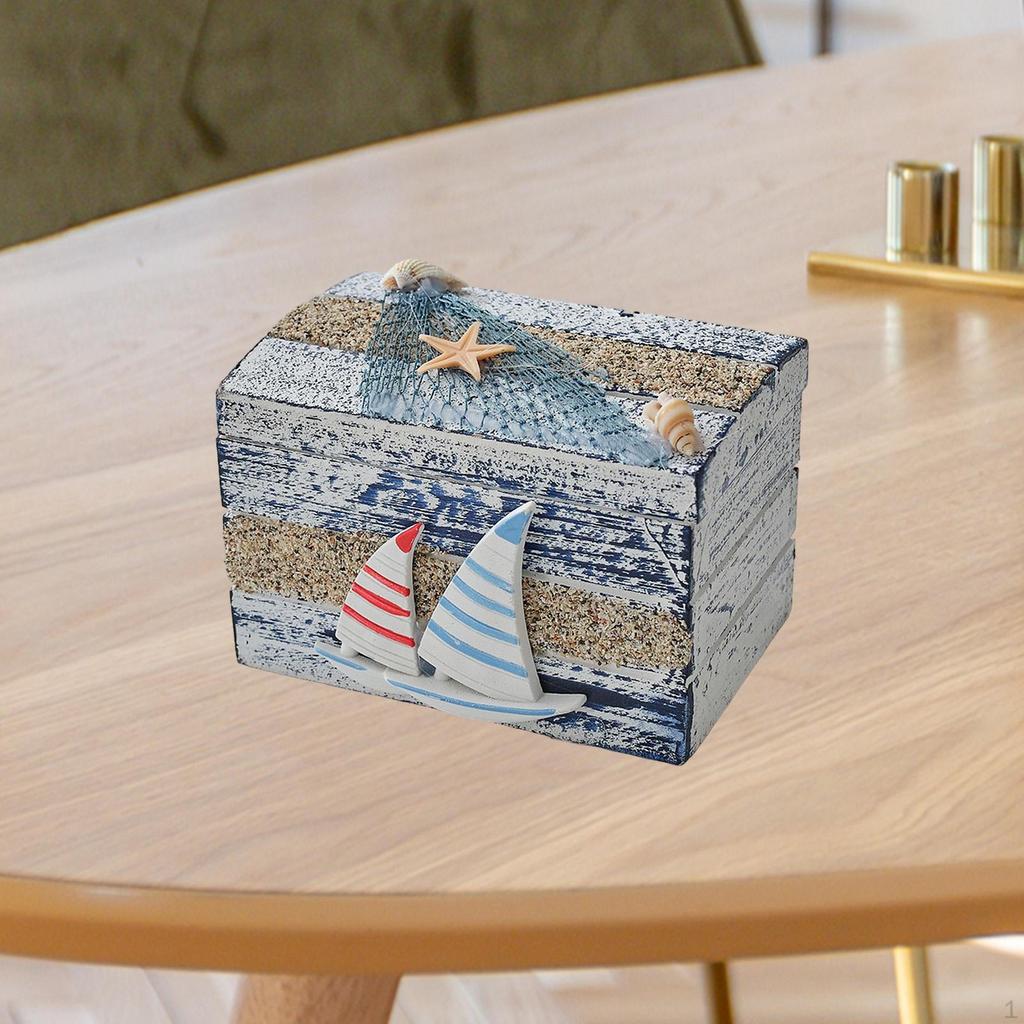 Small Jewelry Trinket Box Decorative Wooden Ornament Rustic Nautical Keepsake Storage for Beach